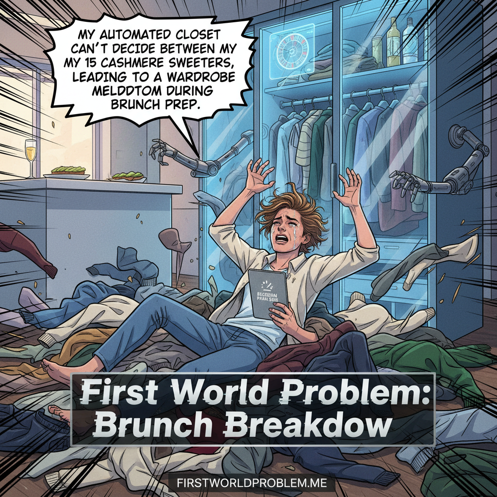 My automated closet can’t decide between my 15 cashmere sweaters, leading to a wardrobe meltdown during brunch prep.