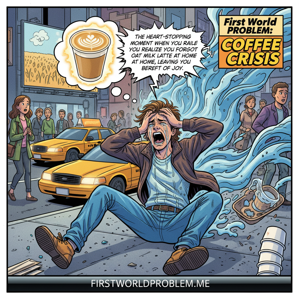 The heart-stopping moment when you realize you forgot your oat milk latte at home, leaving you bereft of joy.